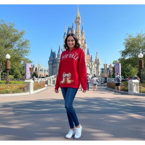 Disney Chip & Dale Red Fleece Hoodie M Plaid Letters Half Zip Cozy Cute - Picture 1 of 11